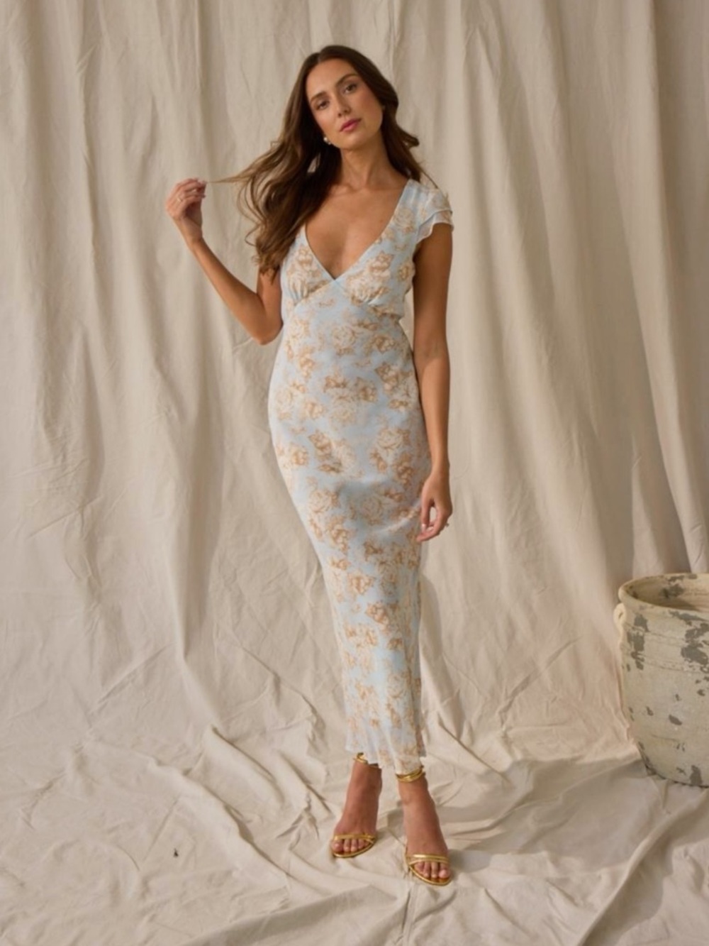 Park & Fifth Light Blue and Beige Floral Maxi Dress